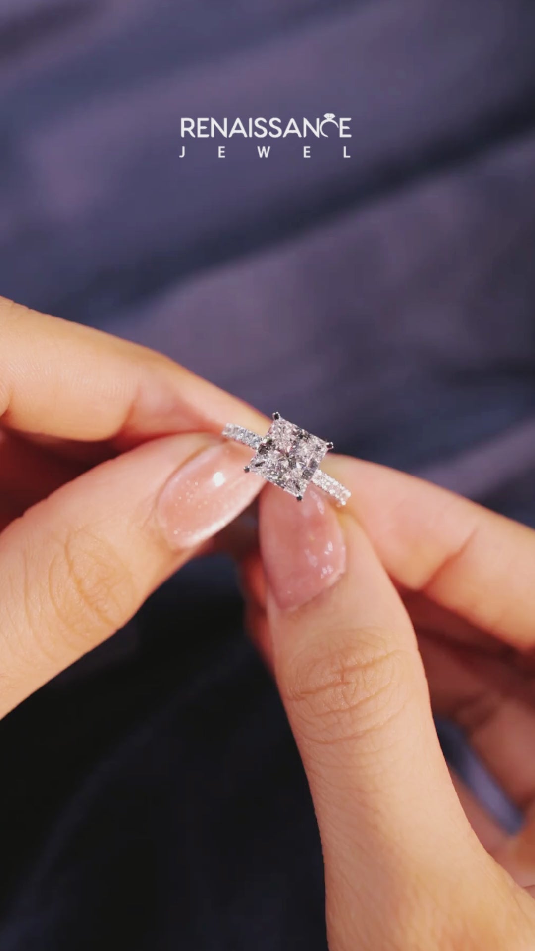 Silver Princess Solitaire Diamond with Pavé Band and Four-Prong Setting 6