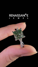 Platinum Fancy Green Princess  Cut Twist Band Solitaire Diamond Ring with Pavé Setting