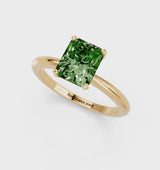 Yellow gold Fancy Green Radiant Cut Diamond Solitaire Ring with Six-Prong Setting and Classic Band