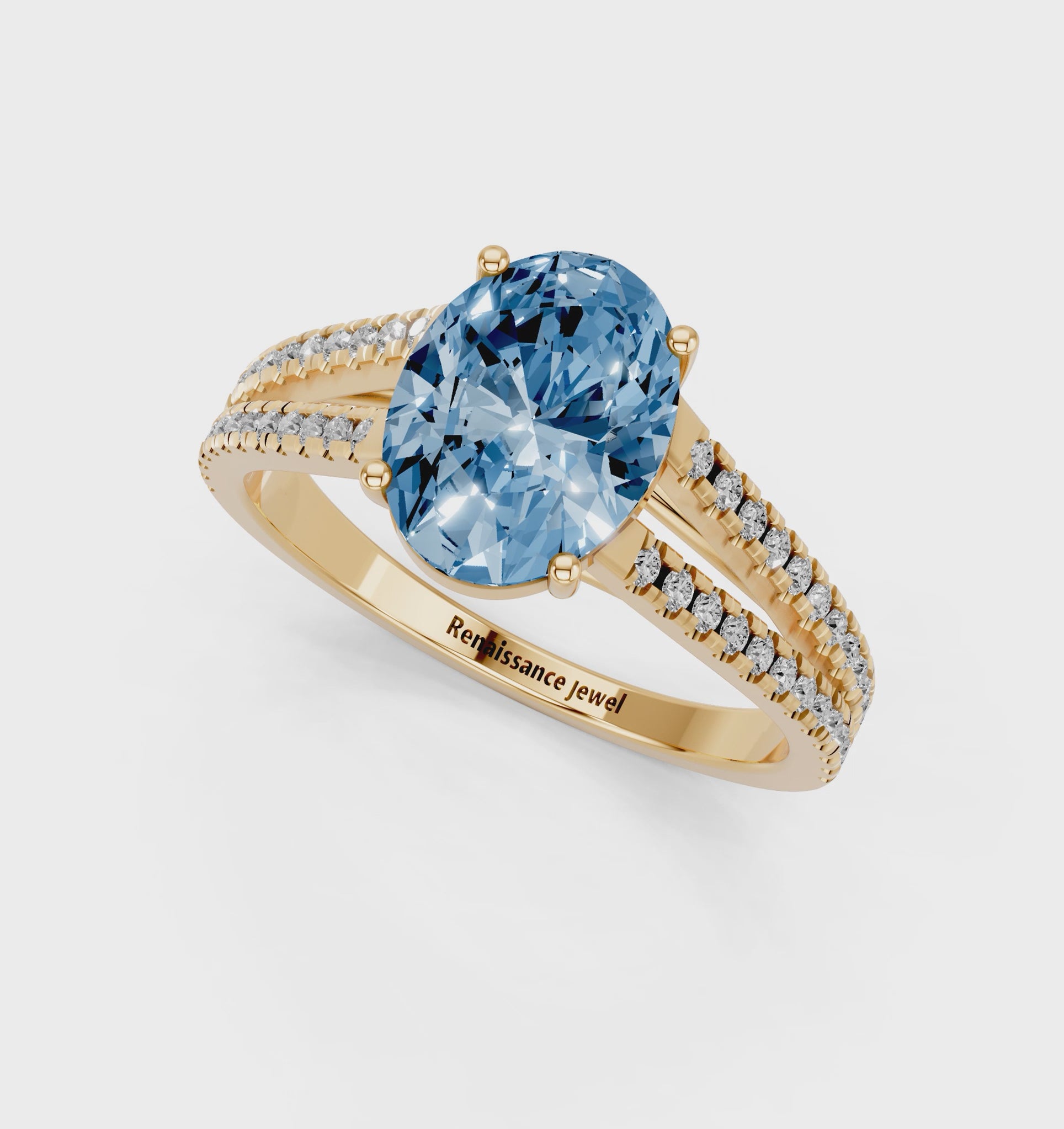 Yellow gold Fancy Blue Oval  Solitaire Split Shank Pavé Diamond Engagement Ring_275