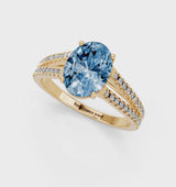 Yellow gold Fancy Blue Oval Cut Diamond Solitaire Engagement Ring with Split Shank Pavé Band