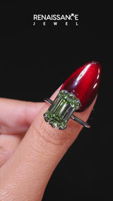 White gold Fancy Green Emerald Cut Diamond Solitaire Ring with Flower Prong Setting and Classic Band