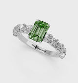 Platinum Fancy Green Emerald Cut Diamond Prong Setting with Side Stones on a Pave Band