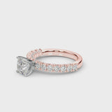 Rose gold Cushion Cut Diamond Pavé Band Solitaire Ring with Prong Setting