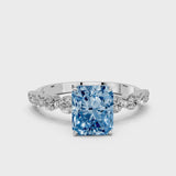 Silver Fancy Blue Radiant Cut Solitaire Diamond Ring with Pave Band and Four-Prong Setting