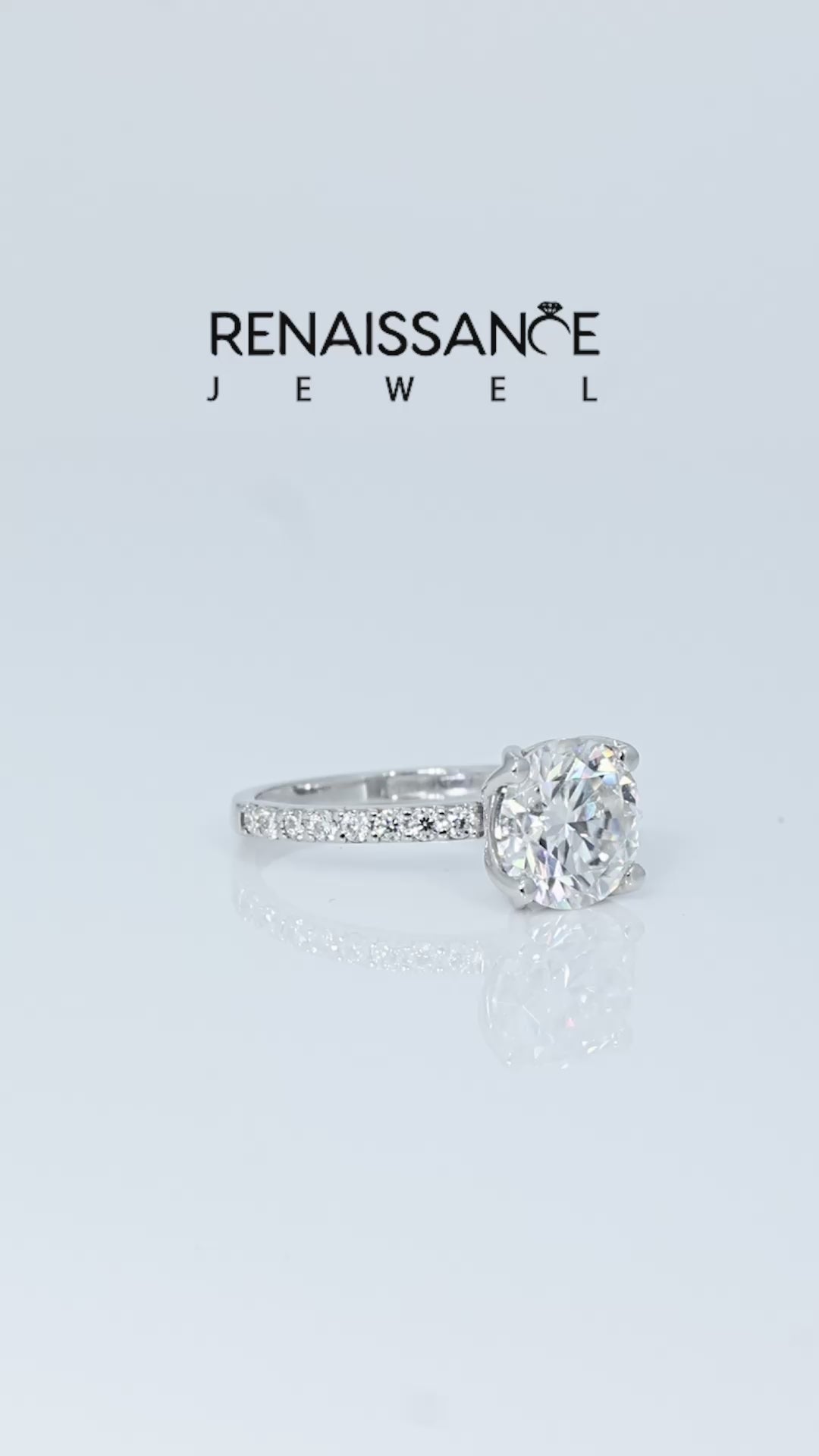 Silver Round Cut Moissanite Solitaire Engagement Ring with Round  Pavé Band and Prong Setting_12