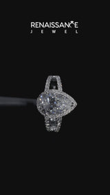 Silver Pear Cut Halo Split Shank Diamond Ring with Four-Prong Setting