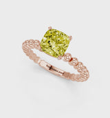 Rose gold Fancy Yellow Cushion Cut Diamond Solitaire Ring with Beaded Band and Prong Setting