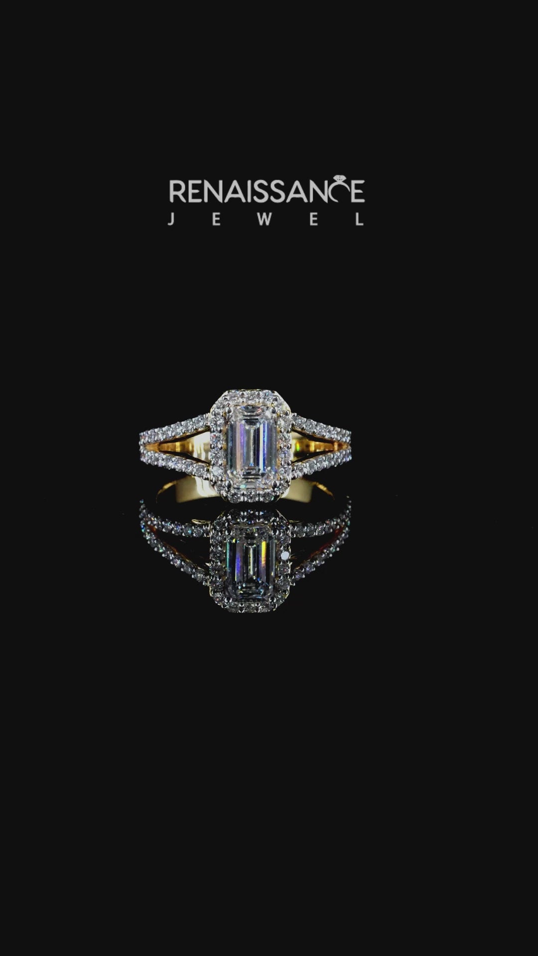 Yellow gold Radiant-Cut Halo Split Shank Diamond Ring with Four-Prong Setting 3