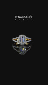 Yellow gold Radiant Cut Diamond Split Shank Halo Ring with Four-Prong Setting