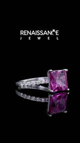 Silver Princess Cut Pink Sapphire Solitaire Ring with Round  Pavé Band and Prong Setting