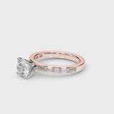 Rose gold Round Solitaire Diamond Ring with Channel-Set Baguette Band and Four-Prong Setting