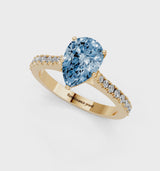 Yellow gold Fancy Blue Pear  Cut Solitaire Diamond Engagement Ring with Pave Band and Four-Prong Setting