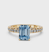 Yellow gold Fancy Blue Emerald  Solitaire Pave Diamond Engagement Ring with Four-Prong Setting