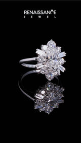 Platinum Oval Diamond Cluster Ring with Round and Baguette Stones, Split Shank Band, Prong Setting