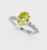 Platinum Fancy Yellow Oval Cut Solitaire Diamond Ring with Pave Band and Four-Prong Setting
