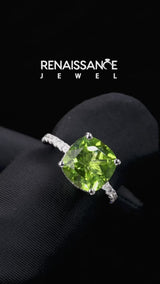 Silver Cushion Cut Peridot Pave Band Solitaire Ring with Round  and Prong Setting