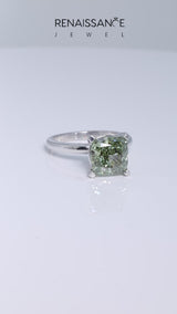 Platinum Fancy Green Cushion Cut Diamond Solitaire Engagement Ring with Round Band and Four-Prong Setting