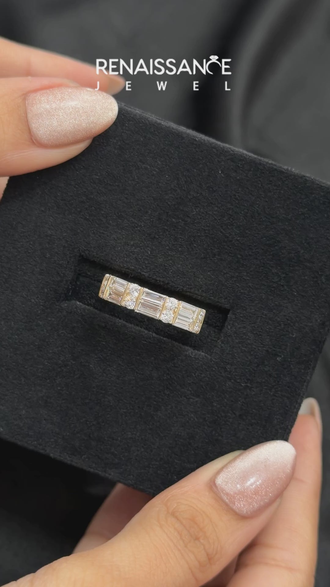 Yellow gold Channel Set Baguette and Round Diamond Band with Bar Prongs_7