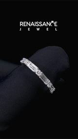White gold Baguette and Round Diamond Bar Setting Half Eternity Band with Prong Setting