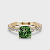 Yellow gold Fancy Green Cushion Cut Diamond Solitaire Pavé Band with Four-Prong Setting