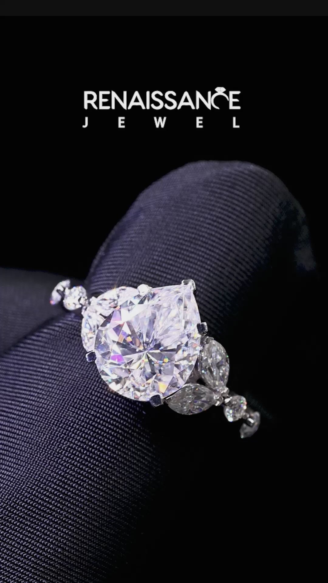 Silver Pear Cut Moissanite Solitaire Ring with Side Stones and Four-Prong Setting_14