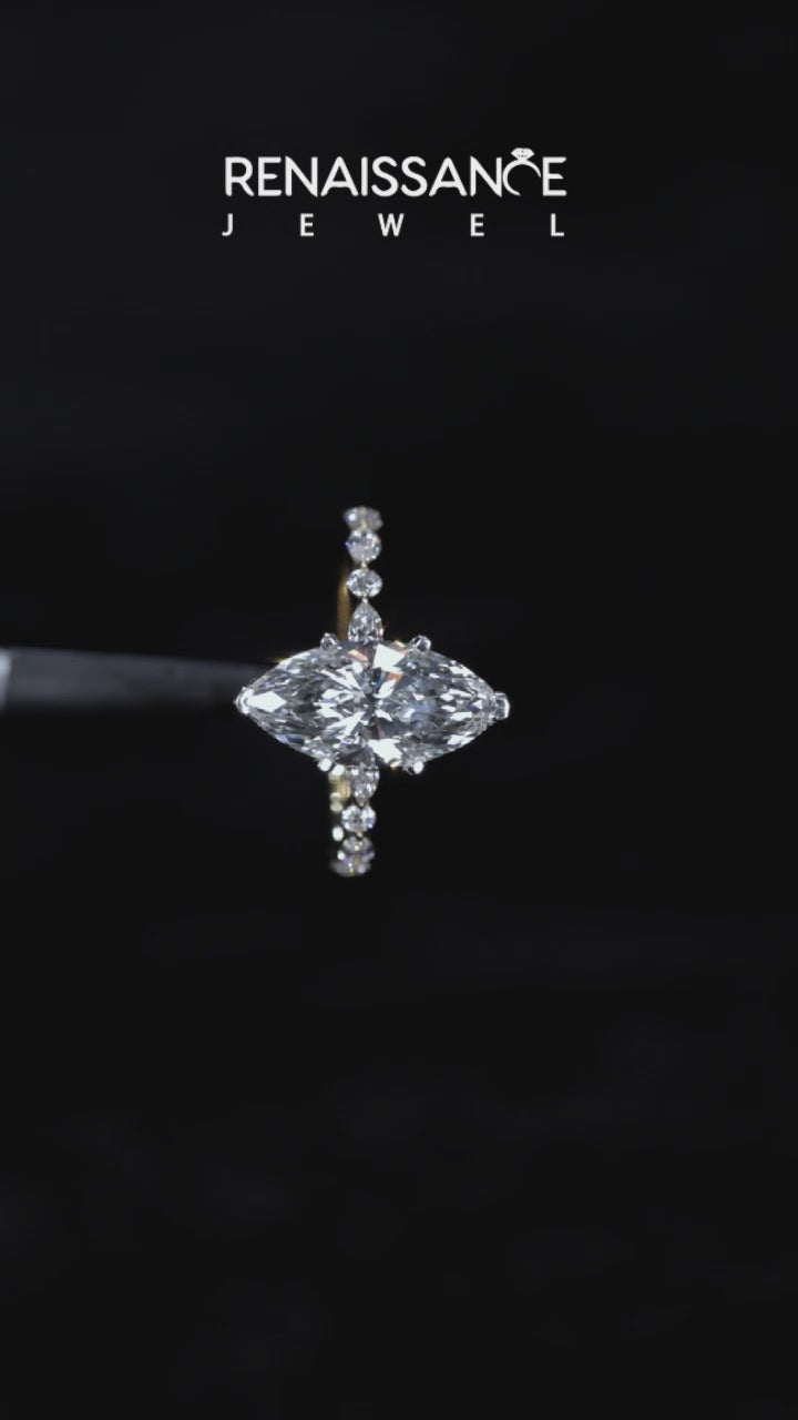 Yellow gold Marquise Solitaire with Side Stones on a Pavé Band and Four-Prong Setting 7