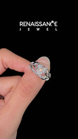 Silver Heart Cut Diamond Leaf-Inspired Engagement Ring with Round Accents and Prong Setting