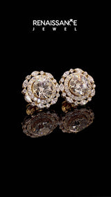Yellow gold Round Diamond Double Halo Stud Earrings with Prong Setting