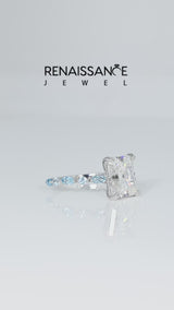 Silver Radiant Cut Diamond Ring with Marquise and Round with Blue Topaz side stone Side Stones and Four-Prong Setting