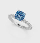 Silver Fancy Blue Cushion Cut Diamond Solitaire Ring with Beaded Band and Prong Setting