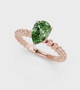 Rose gold Fancy Green Pear Cut Diamond Solitaire Ring with Beaded Band and Prong Setting