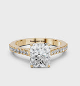 Yellow gold Radiant Cut Solitaire Diamond Engagement Ring with Pave Band and Four-Prong Setting