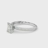 Silver Emerald Diamond Solitaire Ring with Prong Setting and Pavé Band