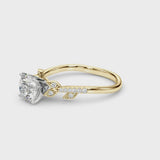 Yellow gold Round Solitaire Leaf-Inspired Diamond Ring with Pavé Band and Four-Prong Setting
