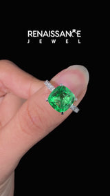 Silver Cushion Cut Green Sapphire Pave Band Solitaire Ring with Round  and Prong Setting