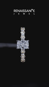 Yellow gold Radiant Cut Diamond Side Stone Solitaire Ring with Round  and Four-Prong Setting