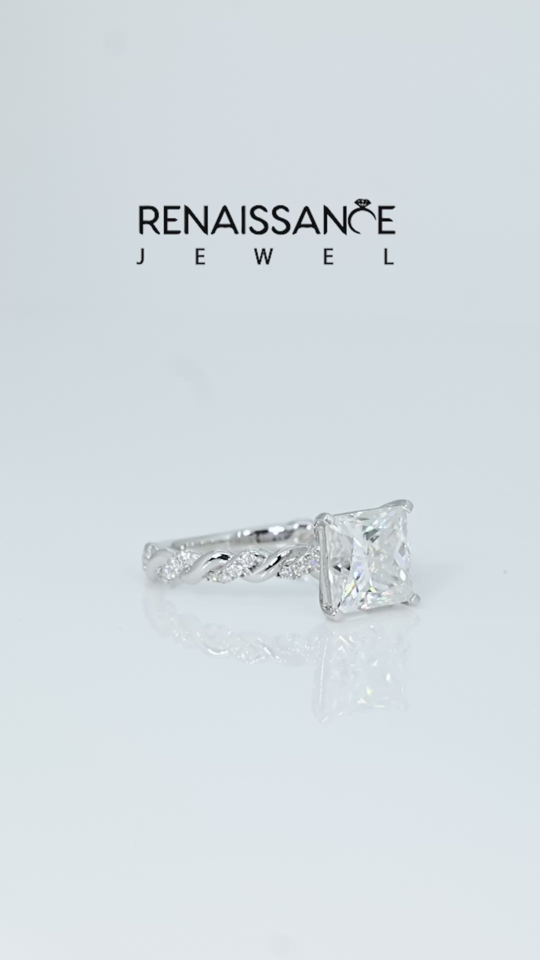 Silver Princess Cut Moissanite Solitaire Ring with Twisted Band and Pavé Accents_13
