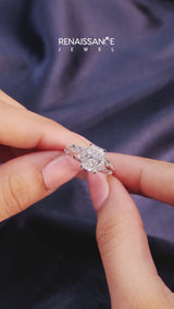 Silver Radiant Solitaire Filigree Engagement Ring with Halo and Prong Setting