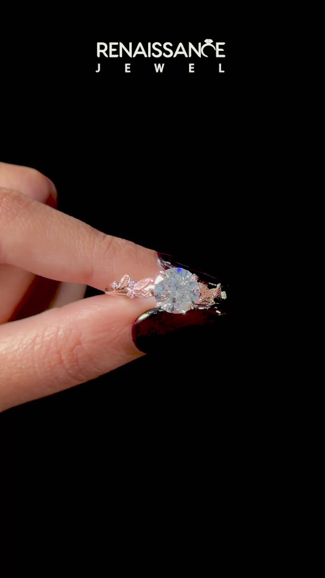 Rose gold Round Brilliant Solitaire with Leaf Motif Band and Four-Prong Setting_6