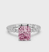 Silver Fancy Pink Radiant Cut Diamond Solitaire Ring with Beaded Band and Prong Setting