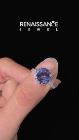 Silver Round Cut Tanzanite Solitaire Ring with Round  Pavé Band and Four-Prong Setting