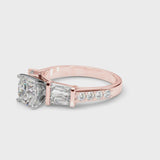Rose gold Cushion Cut Diamond Engagement Ring with Baguette Side Stones and Channel Set Band