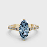 Yellow gold Fancy Blue Marquise  Cut Solitaire Diamond Engagement Ring with Pave Band and Four-Prong Setting