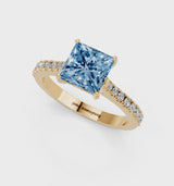 Yellow gold Fancy Blue Princess  Cut Solitaire Diamond Engagement Ring with Pave Band and Four-Prong Setting