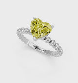 Silver Fancy Yellow Heart Cut Diamond Solitaire Ring with Beaded Band and Prong Setting