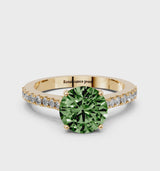 Yellow gold Fancy Green Round  Cut Solitaire Diamond Engagement Ring with Pave Band and Four-Prong Setting