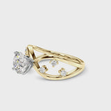 Yellow gold Round Cut Solitaire Diamond with Side Stones on Criss-Cross Band and Four-Prong Setting