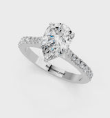 Silver Pear Cut Solitaire Diamond Engagement Ring with Pave Band and Four-Prong Setting