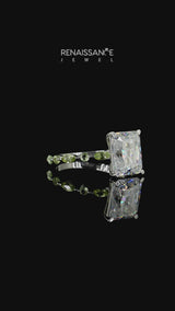 Silver Radiant Cut Diamond Ring with Marquise and Round with Peridot side stone Side Stones and Four-Prong Setting